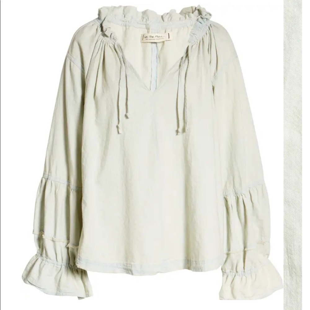 FREE PEOPLE Denim tie neck top